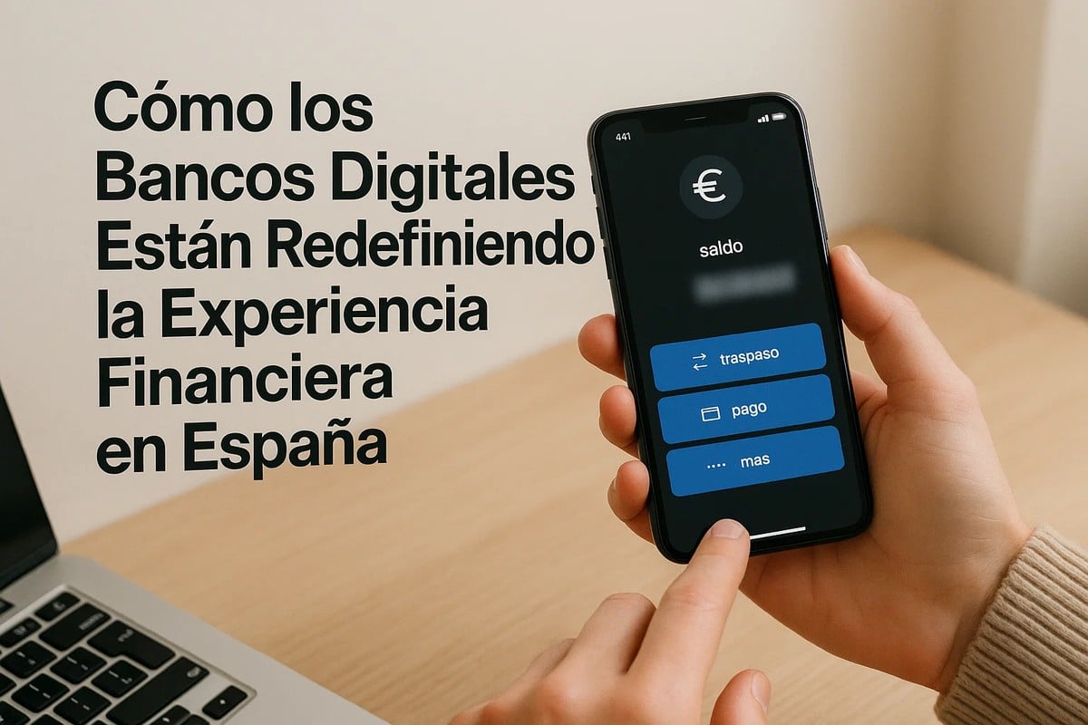 Persona utilizando una aplicación de banca digital en un teléfono móvil, con opciones de saldo, traspaso y pago, junto a un ordenador portátil, representando cómo los bancos digitales están redefiniendo la experiencia financiera en España e influyendo en las decisiones de finanzas.