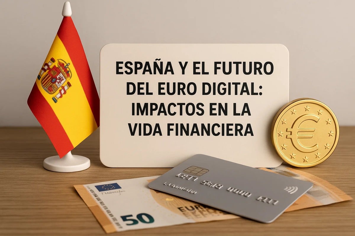 Pequeña bandera de España junto a una tarjeta con el texto sobre el futuro del euro digital, una moneda dorada con símbolo del euro, billetes y una tarjeta bancaria, ilustrando los posibles impactos en la vida financiera y en las finanzas con la llegada del euro digital en España.