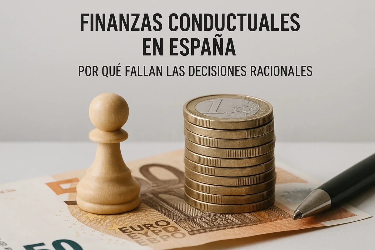 Un peón de ajedrez de madera, una pila de monedas de un euro y un billete de cincuenta euros sobre una mesa, ilustrando cómo las finanzas conductuales explican por qué fallan las decisiones racionales y cómo estos sesgos afectan las finanzas en España.
