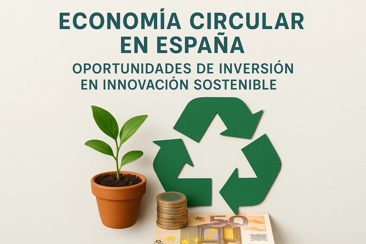 Maceta con una planta joven, monedas apiladas, billete de cincuenta euros y un gran símbolo de reciclaje verde, representando la economía circular en España y las oportunidades de inversiones en innovación sostenible.