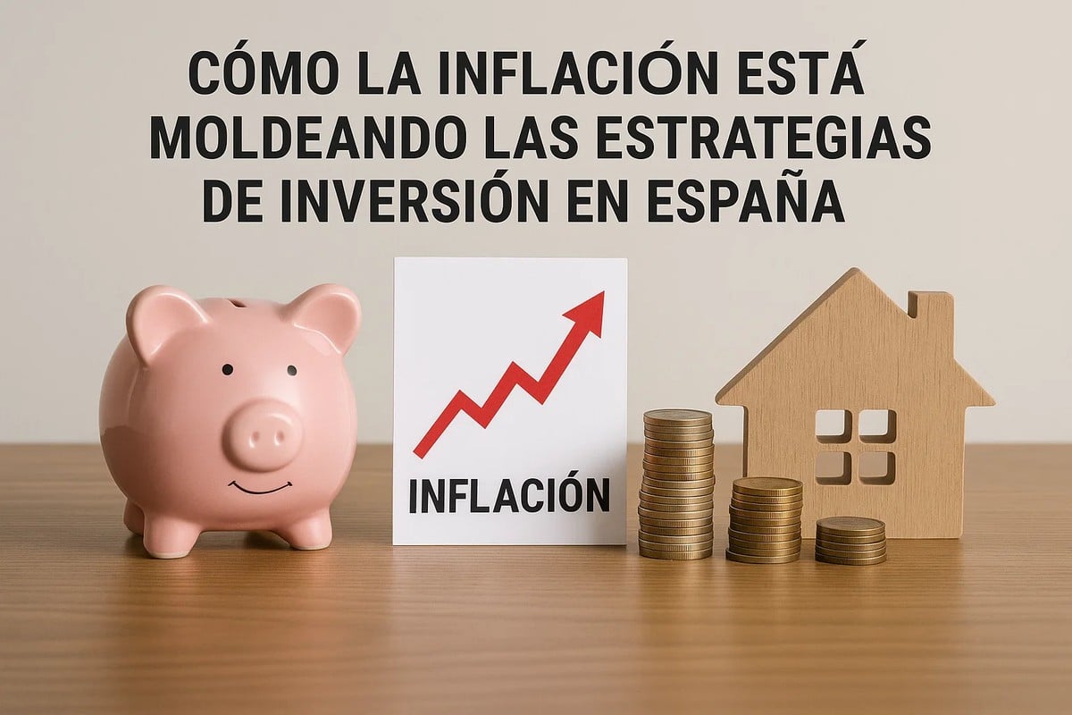 Una alcancía rosa, una tarjeta con un gráfico de inflación en ascenso y varias pilas de monedas junto a una figura de casa de madera, ilustrando cómo la inflación influye en las estrategias de inversiones en España.