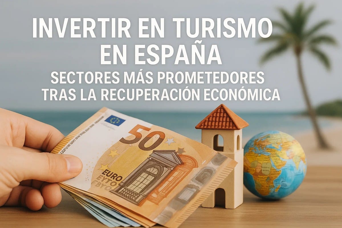 Mano sosteniendo billetes de euro junto a una pequeña maqueta de edificio y un globo terráqueo sobre una mesa frente al mar, ilustrando las oportunidades de inversiones en el sector turístico de España tras la recuperación económica.