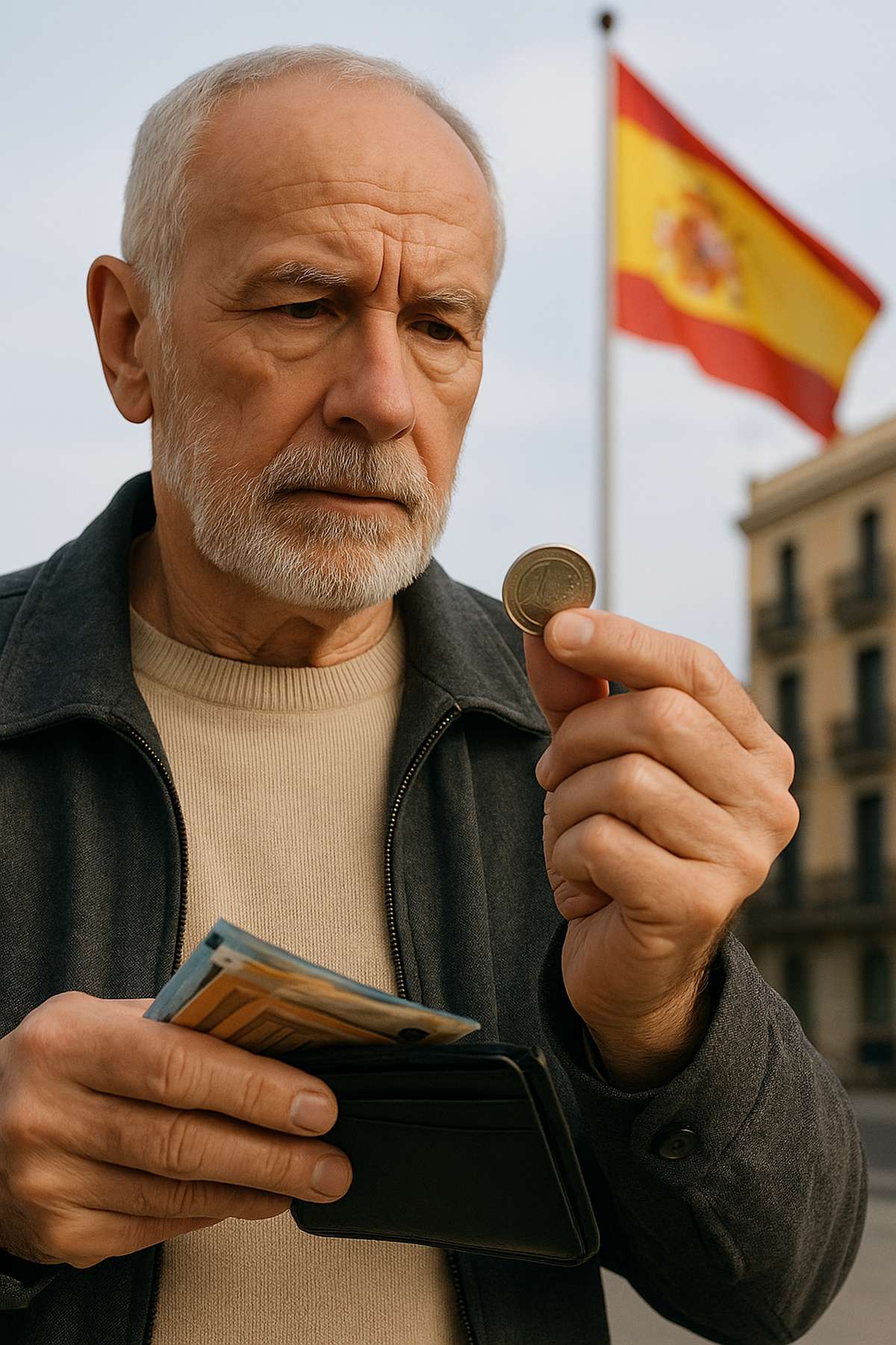 Un hombre mayor con expresión seria observa detenidamente una moneda de un euro mientras sostiene una cartera abierta con varios billetes; al fondo, ligeramente desenfocada, ondea la bandera de España frente a un edificio tradicional español. La imagen transmite temas relacionados con el envejecimiento, el costo de vida y las finanzas personales en el contexto español.