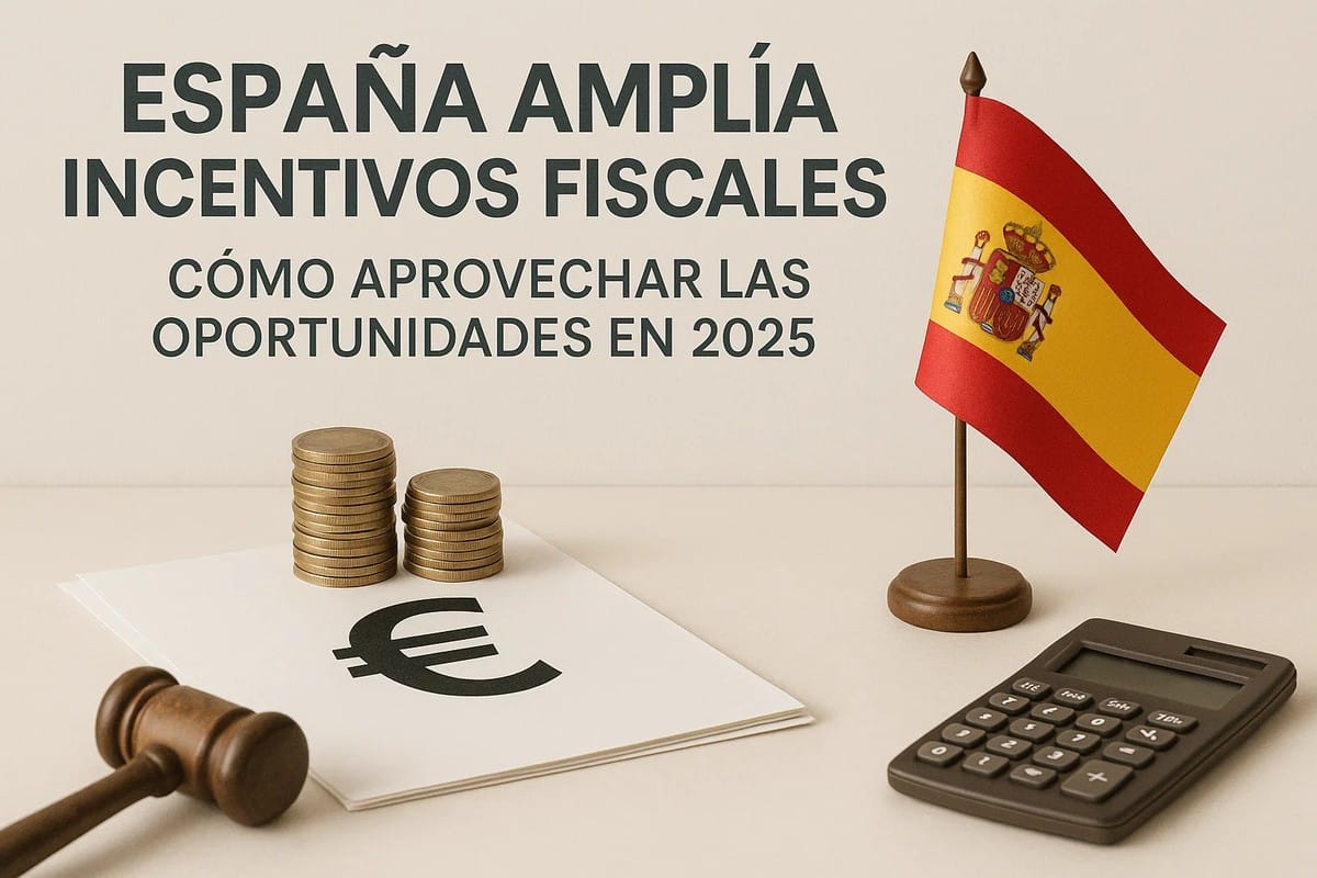 Pequeñas pilas de monedas sobre un documento con el símbolo del euro, acompañadas de un mazo judicial, una calculadora y una bandera de España, representando la ampliación de incentivos fiscales en el país y las oportunidades de finanzas para 2025.