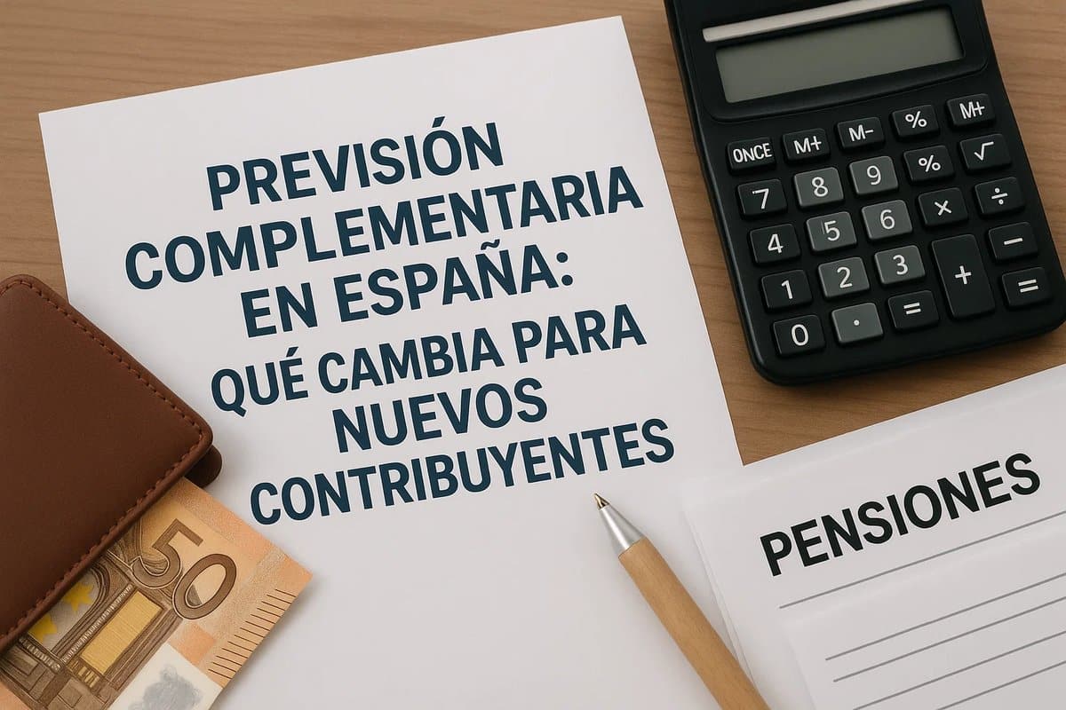 Documento con el título sobre la previsión complementaria en España, acompañado de una calculadora, un monedero con billetes y un formulario de pensiones, representando los cambios para nuevos contribuyentes y su relación con decisiones de finanzas en el país.