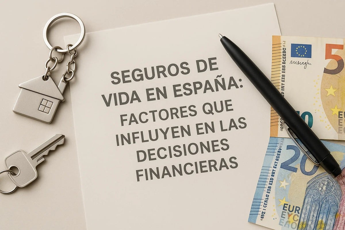Llaves con un llavero en forma de casa, billetes de euro y un bolígrafo junto a un documento sobre seguros de vida en España, ilustrando los factores que influyen en las decisiones financieras y su relación con finanzas personales.