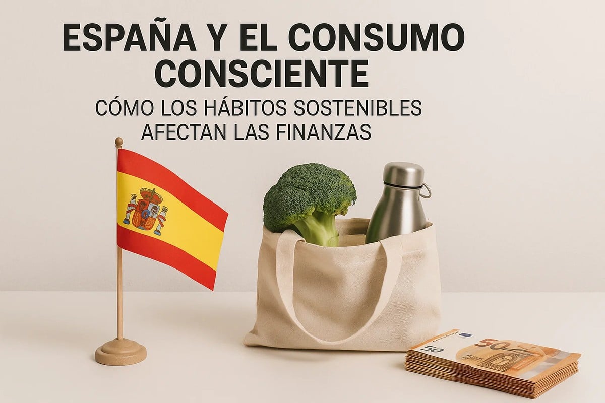 Una bolsa reutilizable con brócoli y una botella metálica, junto a una bandera de España y un fajo de billetes de euro, representando cómo el consumo consciente y los hábitos sostenibles influyen en las finanzas personales y en decisiones financieras en España.