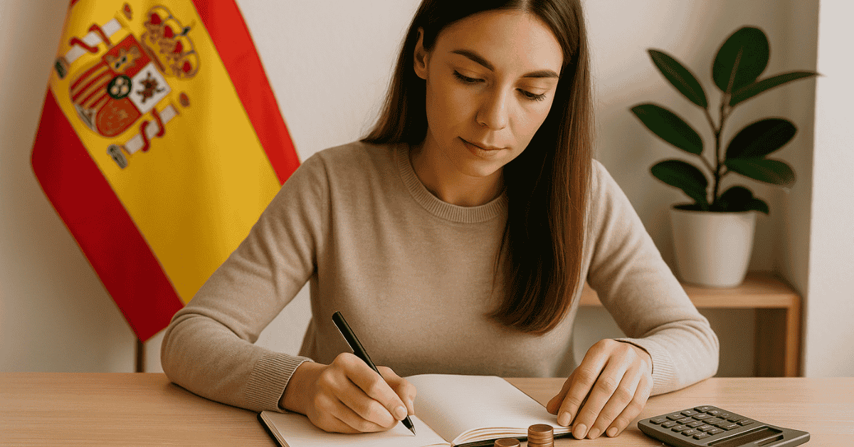 Mujer en España organizando ahorros y gastos, enfocada en la planificación financiera con una libreta, monedas y una calculadora sobre la mesa.
