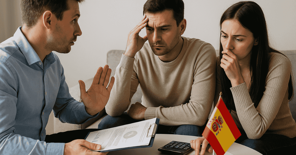 Asesor explicando opciones de presupuesto a una pareja en España, centrados en la planificación financiera con documentos, calculadora y gastos sobre la mesa.