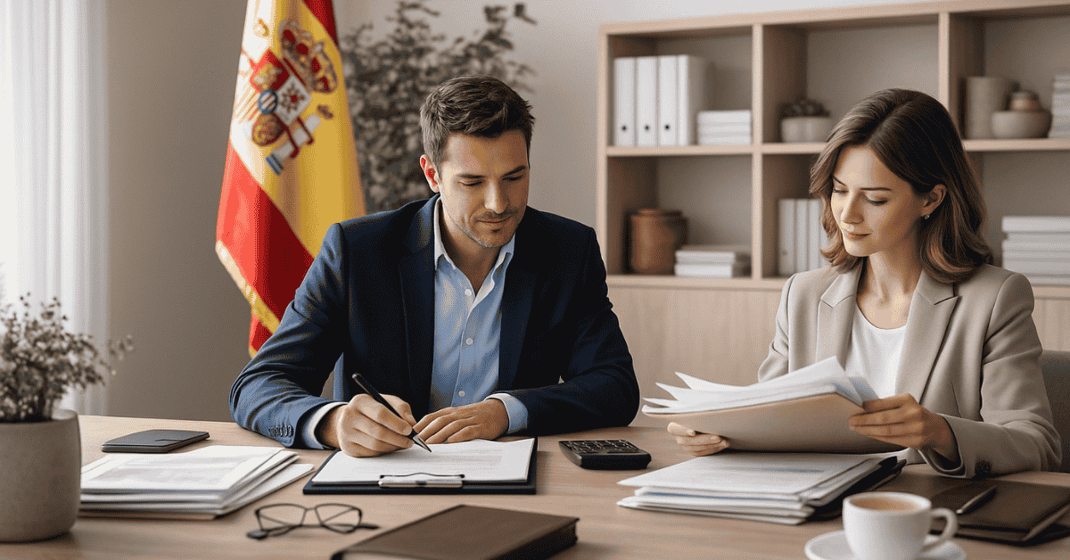Dos profesionales revisan y firman documentos financieros en una oficina, con una bandera de España al fondo, calculadora y carpetas sobre la mesa, representando la planificación financiera y la gestión económica.