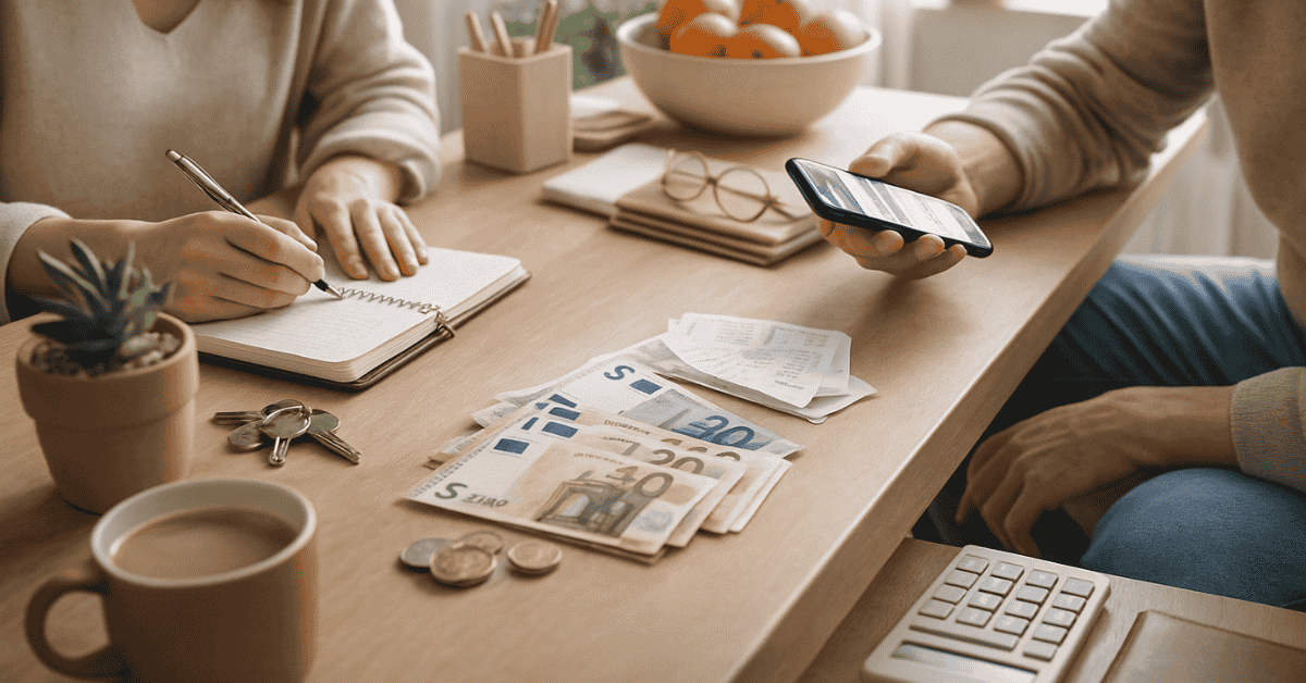 Pareja revisando gastos y organizando billetes, monedas y recibos sobre la mesa, usando un cuaderno y un teléfono móvil, como ejemplo de planificación financiera y control del presupuesto doméstico.