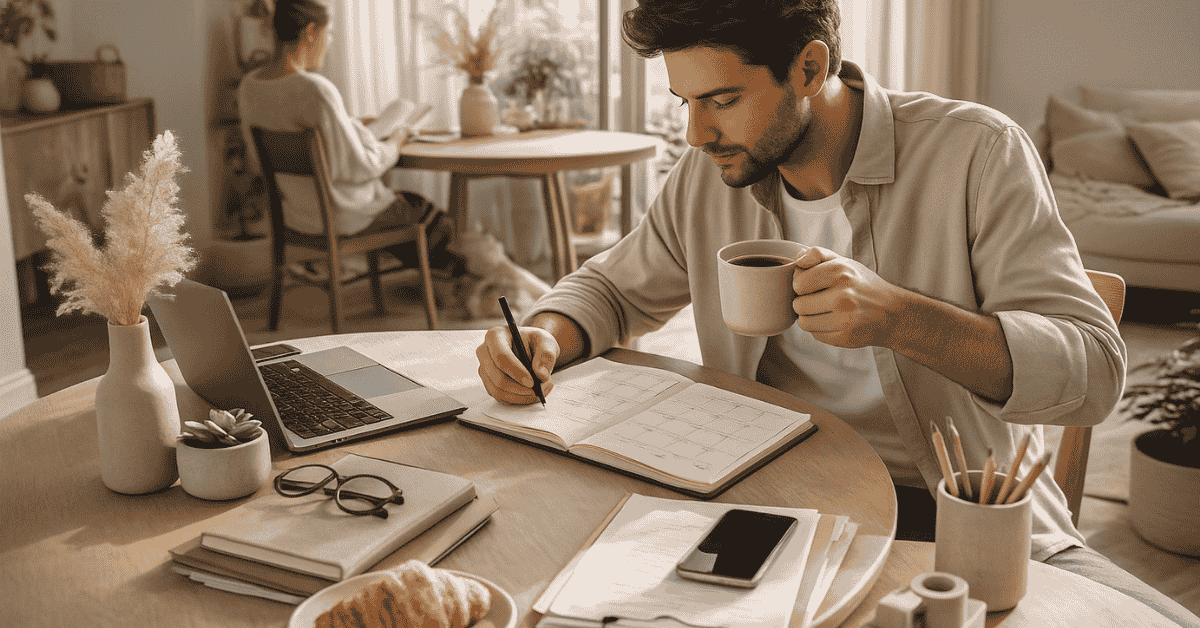 Planificación financiera en casa: hombre revisa su agenda mensual con café, laptop y documentos sobre la mesa.