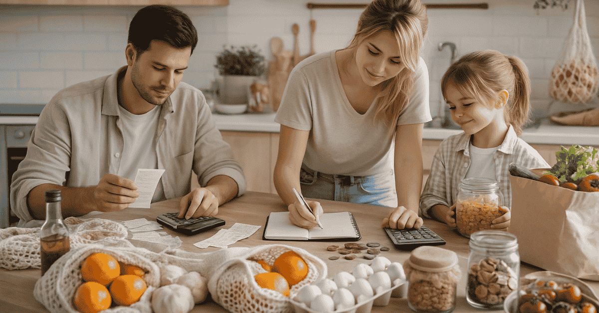 Familia organizando el presupuesto doméstico en la cocina, revisando recibos, calculadora y anotaciones mientras planifican gastos y ahorros como parte de su planificación financiera familiar.