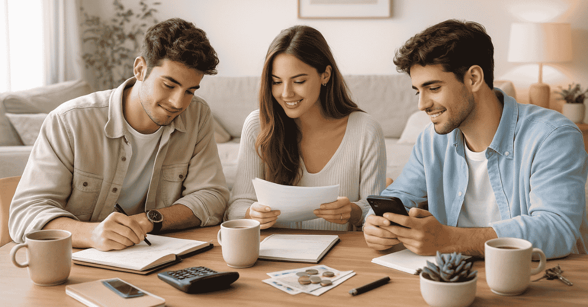 Grupo de jóvenes revisando documentos, anotando gastos y usando el móvil alrededor de una mesa, representando la planificación financiera compartida para organizar presupuestos y metas económicas.