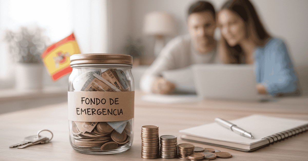 Frasco con dinero etiquetado “Fondo de emergencia” sobre una mesa, junto a monedas y un cuaderno, mientras una pareja revisa documentos al fondo, representando la planificación financiera y el ahorro para imprevistos.