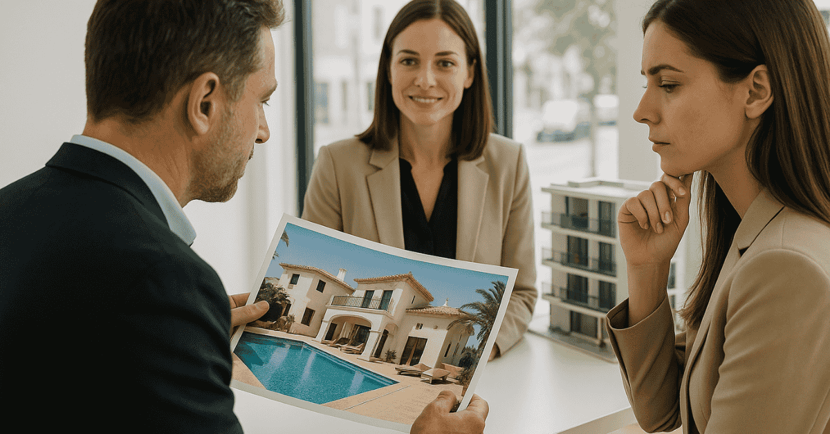 Asesor inmobiliario mostrando una propiedad de lujo a clientes, analizando inversiones inmobiliarias en un entorno profesional.
