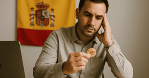 Hombre analizando criptomonedas en España, evaluando inversiones digitales con una moneda de bitcoin mientras revisa datos financieros.