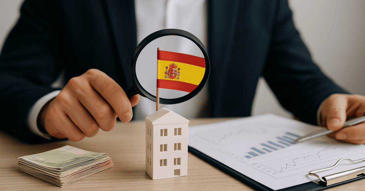Analista evaluando inversiones inmobiliarias en España, con una maqueta de edificio, dinero en efectivo y gráficos financieros sobre la mesa.