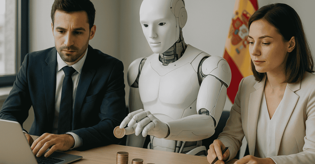 Profesionales trabajando junto a un robot de inteligencia artificial, analizando inversiones y estrategias financieras en España con apoyo tecnológico avanzado.