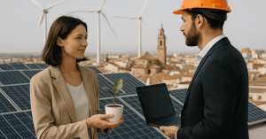 Profesionales dialogando sobre inversiones sostenibles en España, con paneles solares y aerogeneradores al fondo, representando energías renovables y crecimiento responsable.