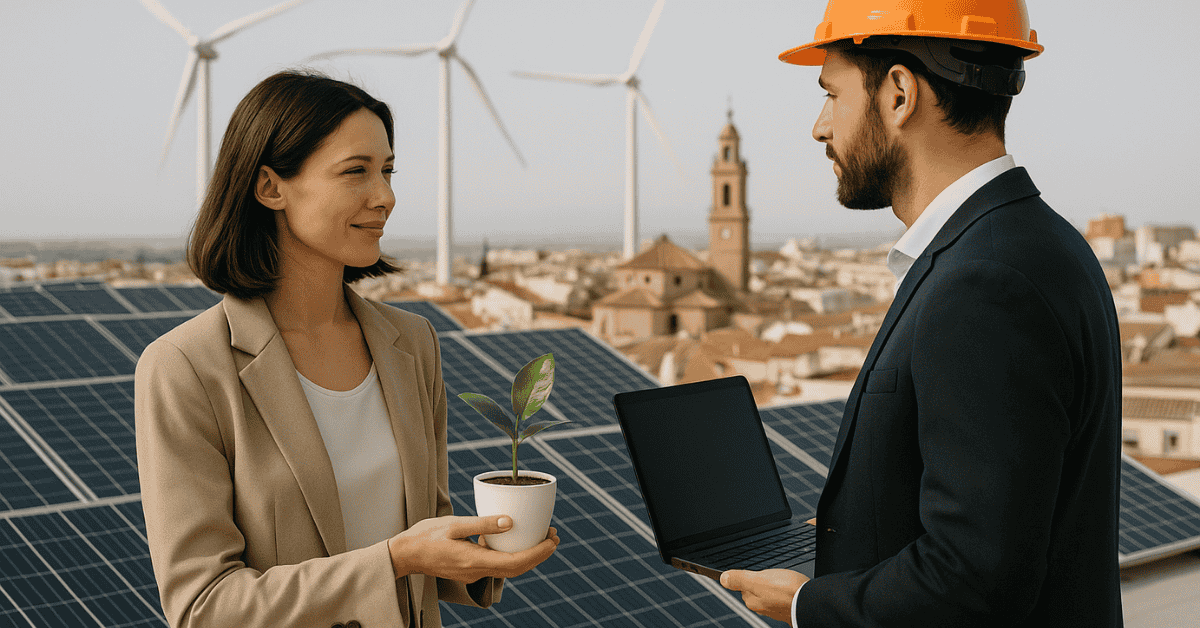 Profesionales dialogando sobre inversiones sostenibles en España, con paneles solares y aerogeneradores al fondo, representando energías renovables y crecimiento responsable.