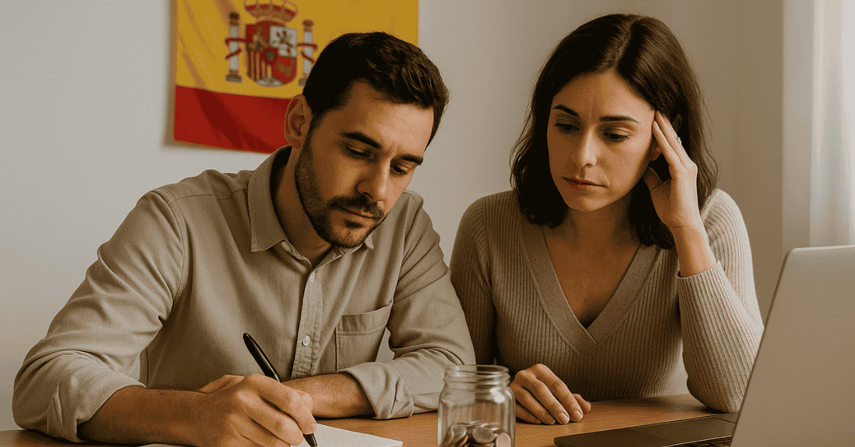 Pareja en España revisando gastos y ahorros, trabajando en la planificación financiera con documentos, un portátil y monedas sobre la mesa.