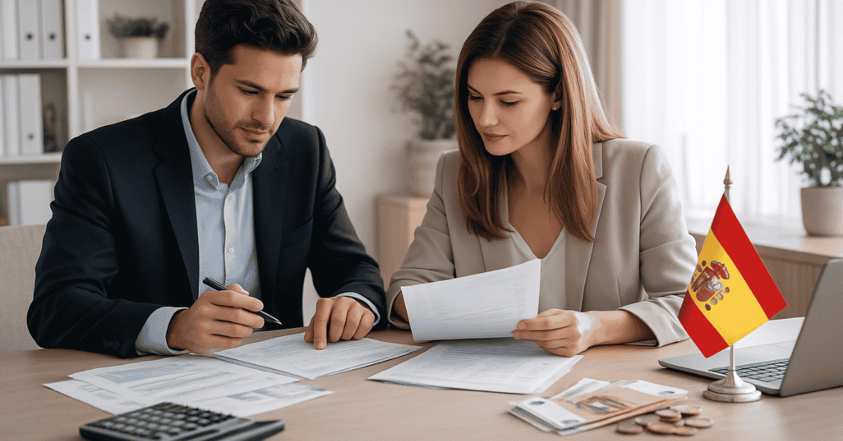 Un hombre y una mujer analizan y firman documentos financieros en una oficina, con calculadora, monedas y una bandera de España sobre la mesa, representando la planificación financiera y la gestión responsable del dinero.