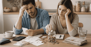 Pareja sentada en la cocina revisando facturas y recibos con gesto de preocupación, contando monedas en un frasco y usando una calculadora como parte de la planificación financiera del hogar.
