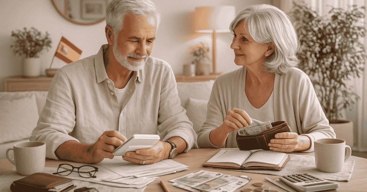Una pareja mayor revisa cuentas y organiza billetes y gastos en casa, con calculadora y documentos sobre la mesa, como ejemplo de planificación financiera y control del presupuesto familiar.