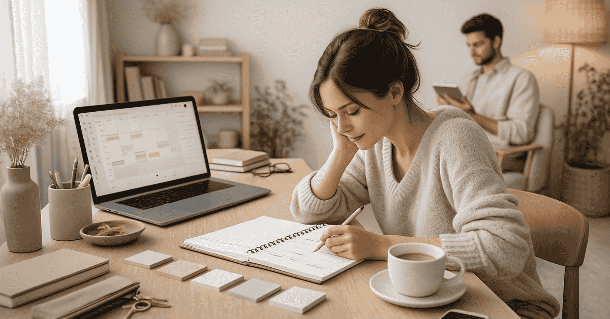Planificación financiera en pareja: mujer organiza tareas y notas frente al calendario en laptop mientras su pareja revisa cuentas al fondo.