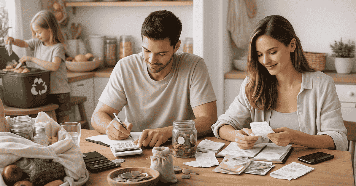 Pareja analizando gastos y ahorros en casa, revisando facturas y dinero en efectivo sobre la mesa, con apoyo de su hija, enfocada en la planificación financiera y el control del presupuesto mensual.