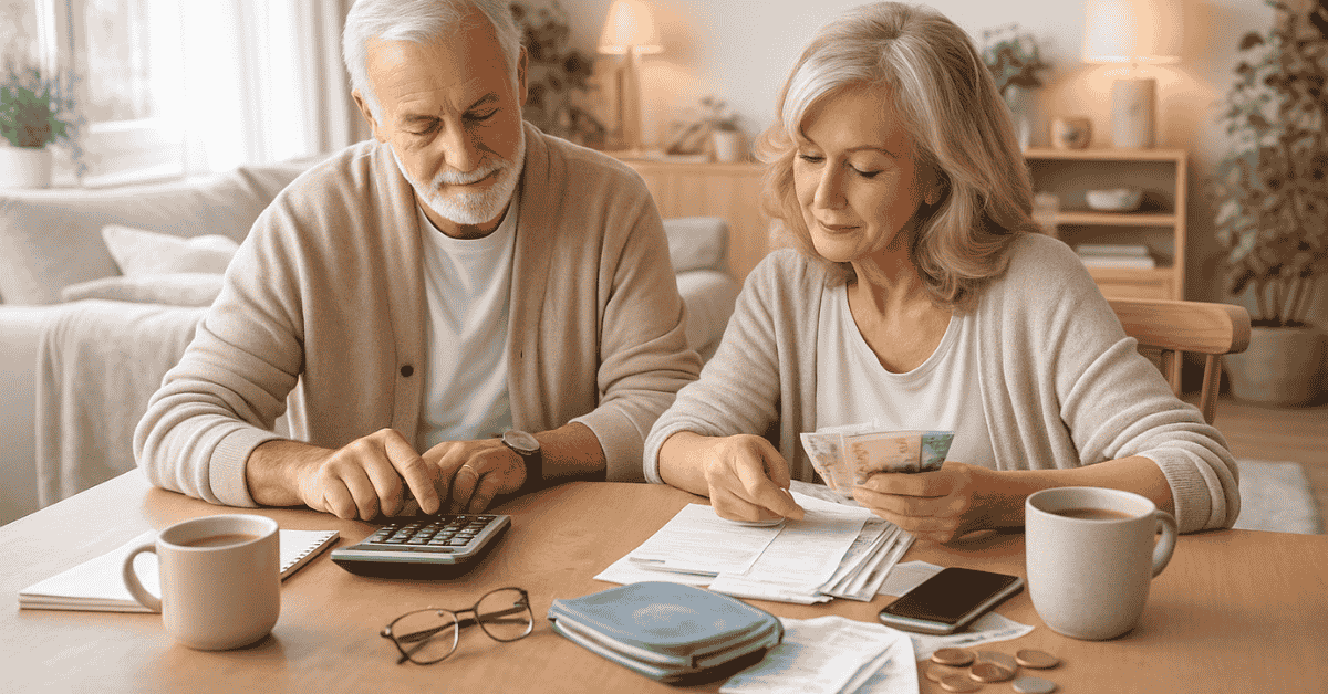 Pareja de adultos mayores revisando facturas, dinero en efectivo y usando una calculadora en casa, organizando su presupuesto mensual como parte de su planificación financiera para el control de gastos y ahorros.