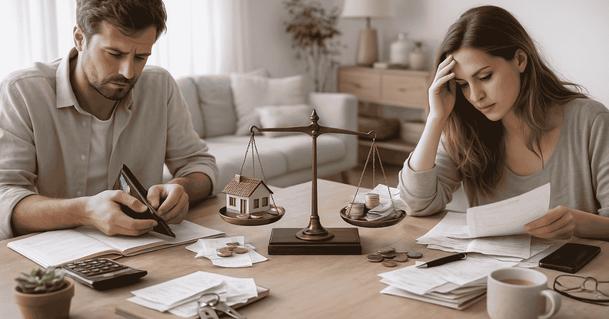 Pareja preocupada revisando facturas y documentos en casa, con una balanza que compara una vivienda y monedas sobre la mesa, simbolizando la planificación financiera y la gestión del presupuesto familiar.