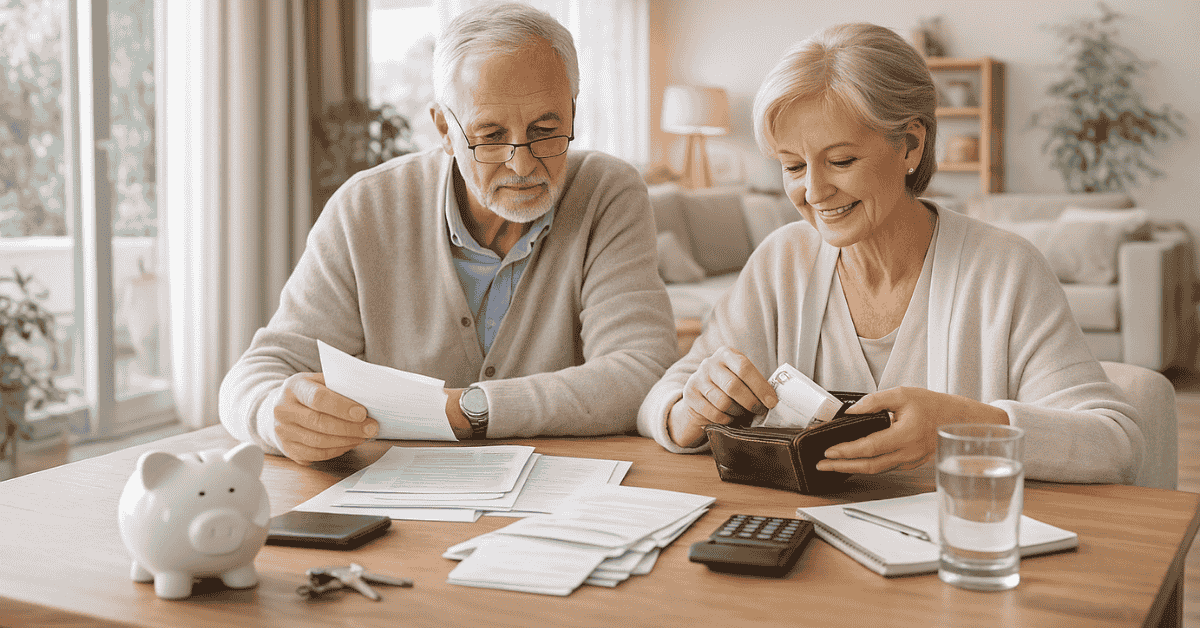 Pareja de adultos mayores revisando facturas y ahorros en casa, con calculadora, documentos y una hucha sobre la mesa, representando la planificación financiera y la gestión del presupuesto familiar.