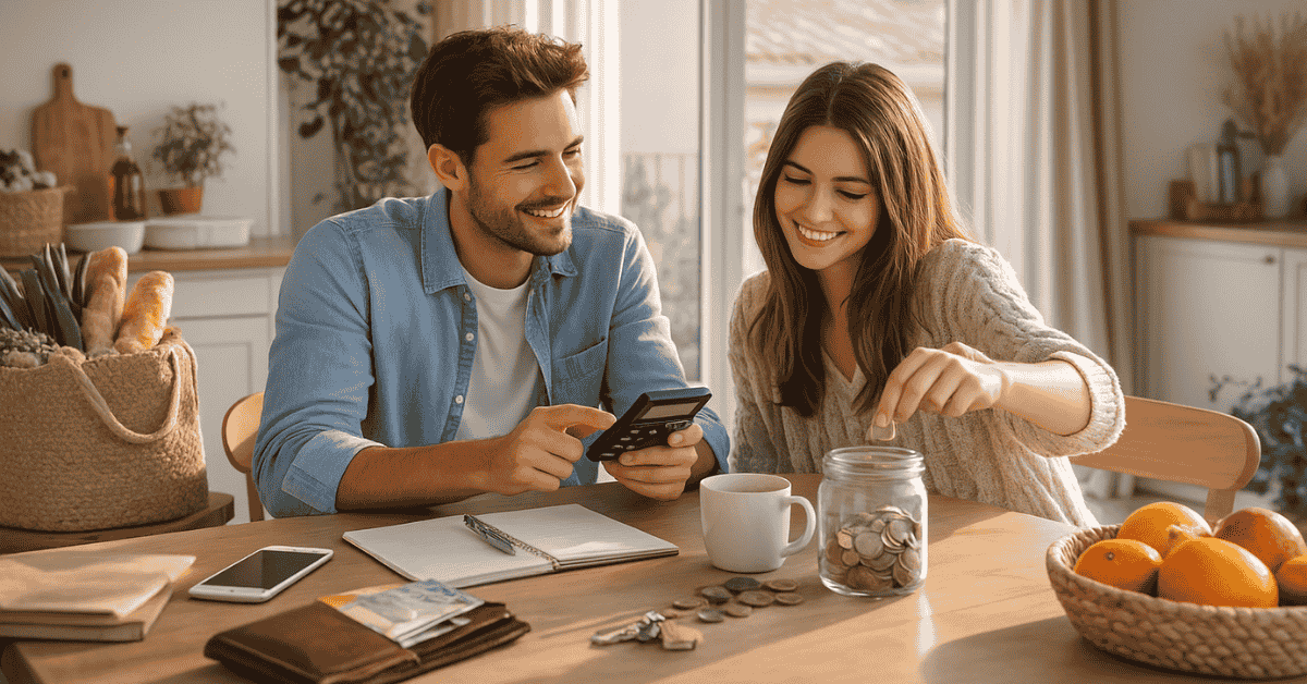 Pareja joven planificando sus finanzas en casa, revisando gastos en el móvil y ahorrando monedas en un frasco sobre la mesa, representando la planificación financiera y el control del presupuesto familiar.