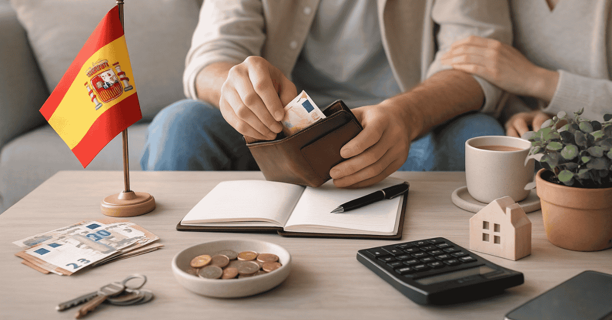 Persona sacando dinero de una cartera junto a un cuaderno, calculadora, monedas y billetes, con una pequeña bandera de España y una casa decorativa sobre la mesa, representando la planificación financiera del hogar