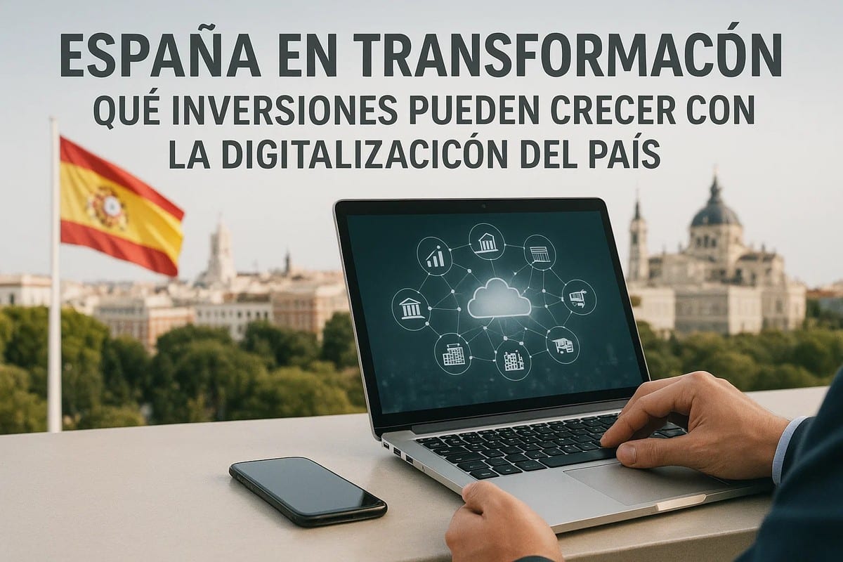 Persona utilizando un ordenador portátil con iconos de digitalización en la pantalla, frente a una vista urbana de España con una bandera española ondeando, simbolizando cómo la transformación digital del país impulsa nuevas oportunidades de inversiones.