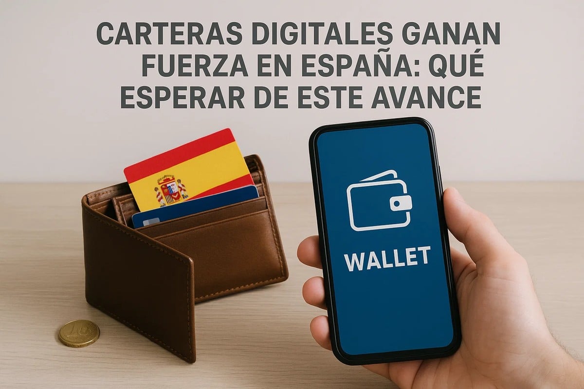 Monedero abierto con tarjetas, incluida una con la bandera de España, y una mano sosteniendo un teléfono móvil con una aplicación de cartera digital, simbolizando el crecimiento de las carteras digitales en España y su impacto en las finanzas y em la vida financiera cotidiana.