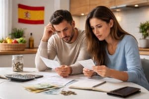 La imagen muestra a una pareja en una cocina moderna revisando facturas y gastos con expresiones de preocupación, lo que refleja la tensión económica en el hogar.