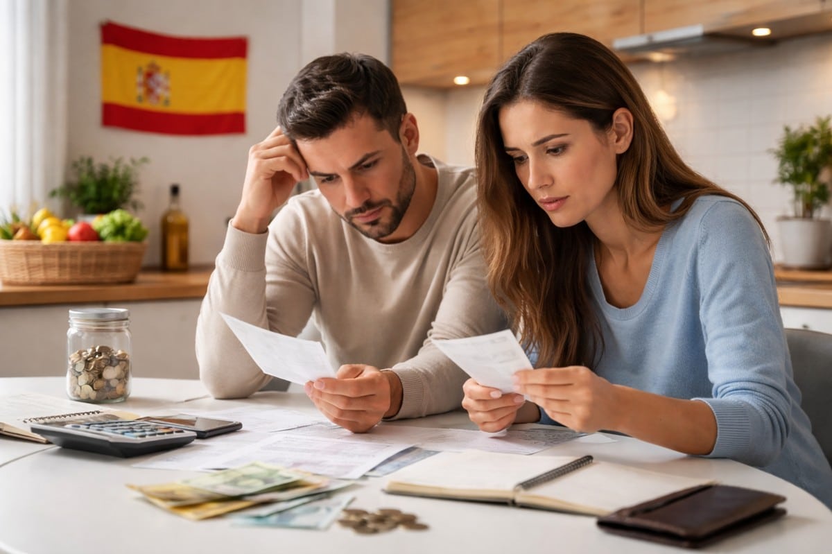 La imagen muestra a una pareja en una cocina moderna revisando facturas y gastos con expresiones de preocupación, lo que refleja la tensión económica en el hogar.