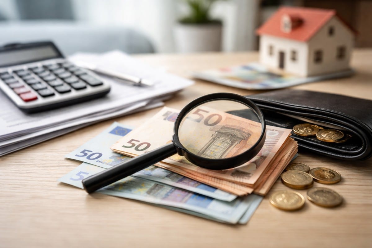La imagen refuerza esta idea mostrando dinero en efectivo observado con una lupa sobre una mesa, acompañado de elementos como una calculadora y una cartera, simbolizando la necesidad de analizar en detalle los gastos y detectar dónde realmente se pierde el dinero.