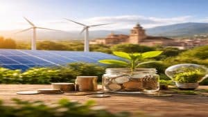 Planta jovem crescendo dentro de um pote de vidro com moedas sobre uma mesa de madeira, com painéis solares e turbinas eólicas ao fundo em uma paisagem espanhola ao pôr do sol, simbolizando Inversiones sustentáveis e crescimento econômico ecológico.