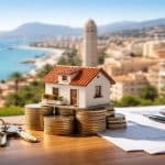 La imagen muestra una pequeña casa colocada sobre pilas de monedas, junto a llaves y documentos, con una ciudad costera española al fondo. La escena transmite de forma visual la idea de inversión inmobiliaria, destacando estabilidad, planificación y potencial de rentabilidad en un entorno atractivo.