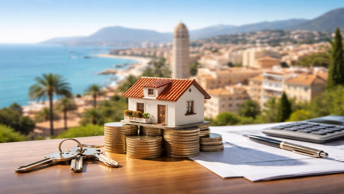 La imagen muestra una pequeña casa colocada sobre pilas de monedas, junto a llaves y documentos, con una ciudad costera española al fondo. La escena transmite de forma visual la idea de inversión inmobiliaria, destacando estabilidad, planificación y potencial de rentabilidad en un entorno atractivo.