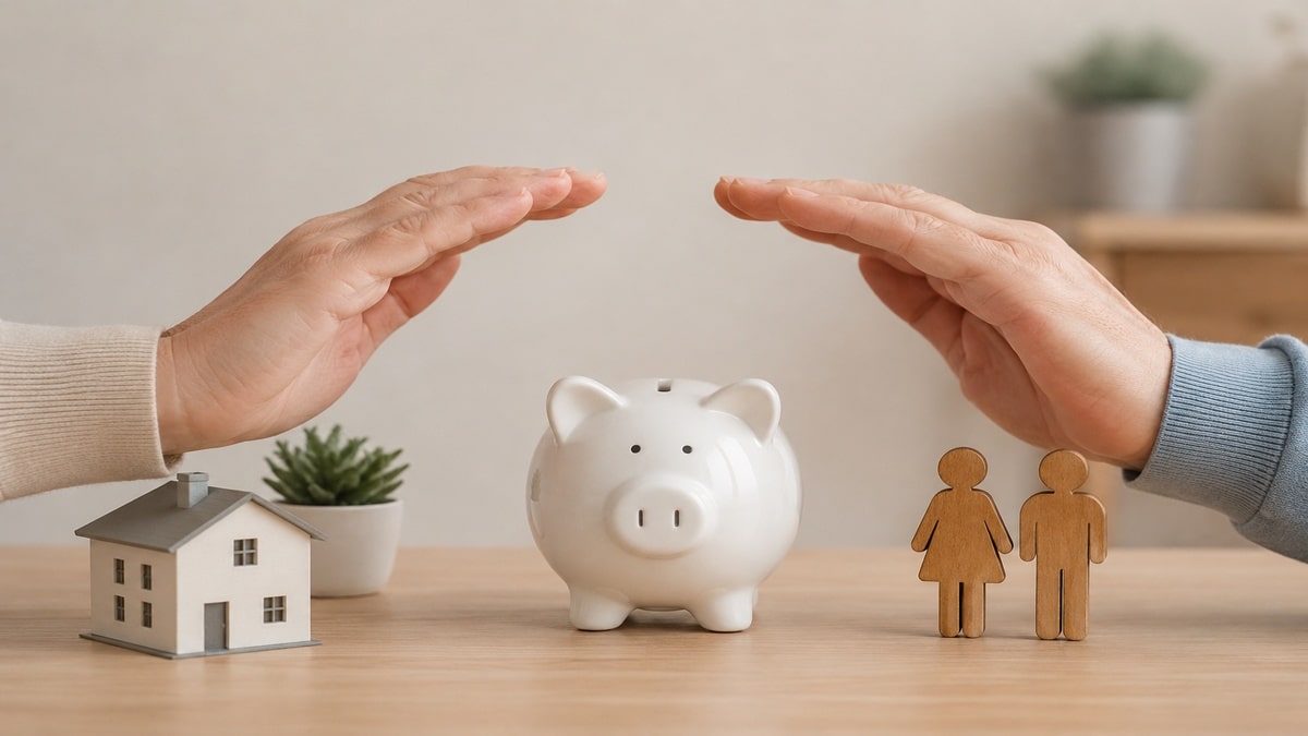 La imagen presenta una escena minimalista y realista relacionada con la seguridad financiera y la previsión económica. En el centro aparece una hucha blanca protegida por dos manos, acompañada por una pequeña casa decorativa y figuras humanas de madera. La composición transmite estabilidad, protección patrimonial y preparación para el futuro, reforzando visualmente el concepto de ahorro para la jubilación y planificación financiera a largo plazo.