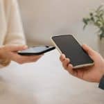 La imagen representa de forma minimalista y realista esta transformación digital. En la escena, dos personas realizan un intercambio económico mediante teléfonos móviles en un ambiente cálido y contemporáneo. La ausencia de elementos visuales excesivos transmite simplicidad y modernidad, reforzando la idea de pagos rápidos, cotidianos y discretos asociados al crecimiento de las finanzas digitales en España.