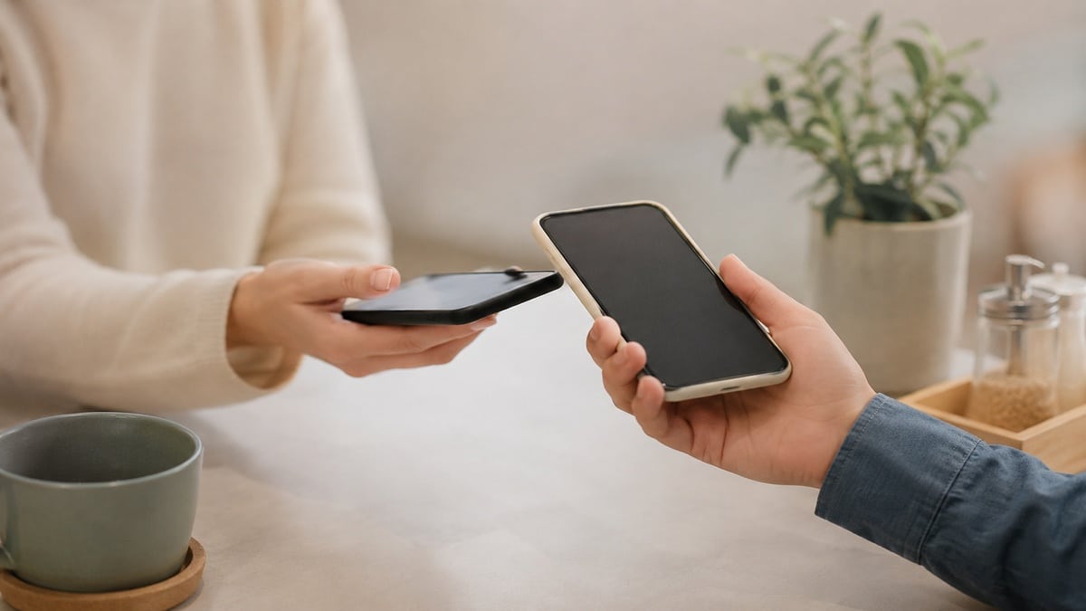 La imagen representa de forma minimalista y realista esta transformación digital. En la escena, dos personas realizan un intercambio económico mediante teléfonos móviles en un ambiente cálido y contemporáneo. La ausencia de elementos visuales excesivos transmite simplicidad y modernidad, reforzando la idea de pagos rápidos, cotidianos y discretos asociados al crecimiento de las finanzas digitales en España.