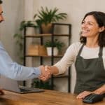 La imagen representa de manera realista y minimalista el espíritu del emprendimiento y la colaboración financiera. En la escena, una pequeña empresaria estrecha la mano de un cliente o socio dentro de un negocio moderno y acogedor, transmitiendo confianza, crecimiento y estabilidad. La composición visual refleja la importancia de las finanzas accesibles y del apoyo económico para fortalecer pequeños comercios y proyectos independientes en España.