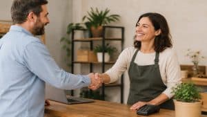 La imagen representa de manera realista y minimalista el espíritu del emprendimiento y la colaboración financiera. En la escena, una pequeña empresaria estrecha la mano de un cliente o socio dentro de un negocio moderno y acogedor, transmitiendo confianza, crecimiento y estabilidad. La composición visual refleja la importancia de las finanzas accesibles y del apoyo económico para fortalecer pequeños comercios y proyectos independientes en España.