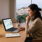 Composición fotorrealista y minimalista que simboliza el crecimiento financiero sólido y las inversiones inteligentes. En el centro se observa un brote verde joven y firme creciendo desde una superficie limpia y pulida, iluminado suavemente por una luz dorada y cálida sobre un fondo sobrio y difuminado en tonos oscuros.